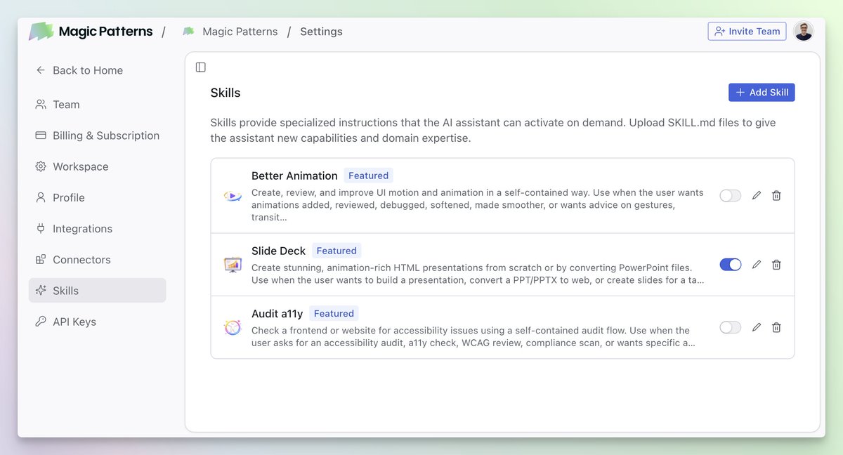 alexdanilowicz's tweet image. Game-changing. 

You can now install Skills on Magic Patterns.

Examples:
- Better animations
- Slide deck 
- Audit a11y