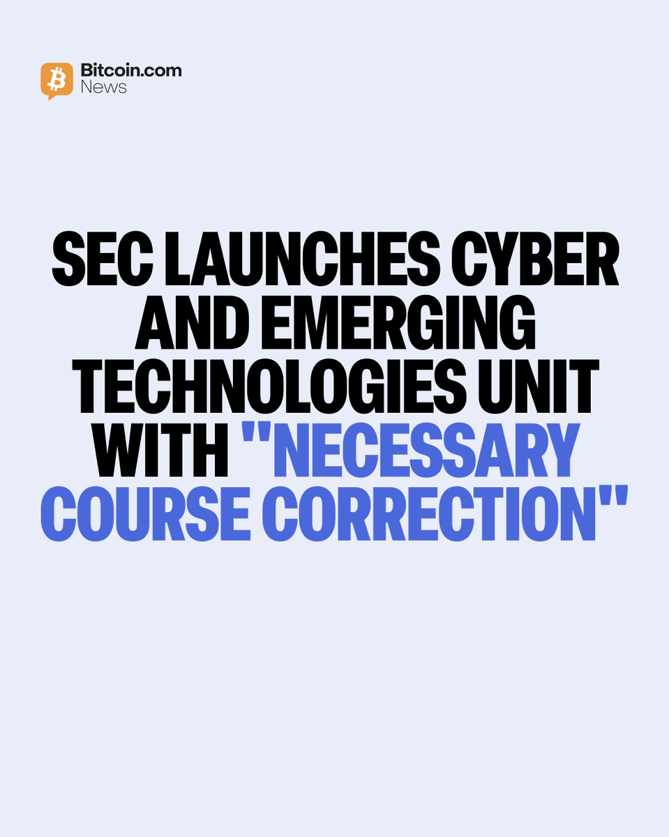 BitcoinNews's tweet photo. 🇺🇸 SEC announced a "necessary course correction" in crypto asset enforcement this week, launching the Cyber and Emerging Technologies Unit. 

The unit complements the Crypto Task Force aiming to protect investors against misconduct in blockchain and AI. https://t.co/XHzd3LIf8C