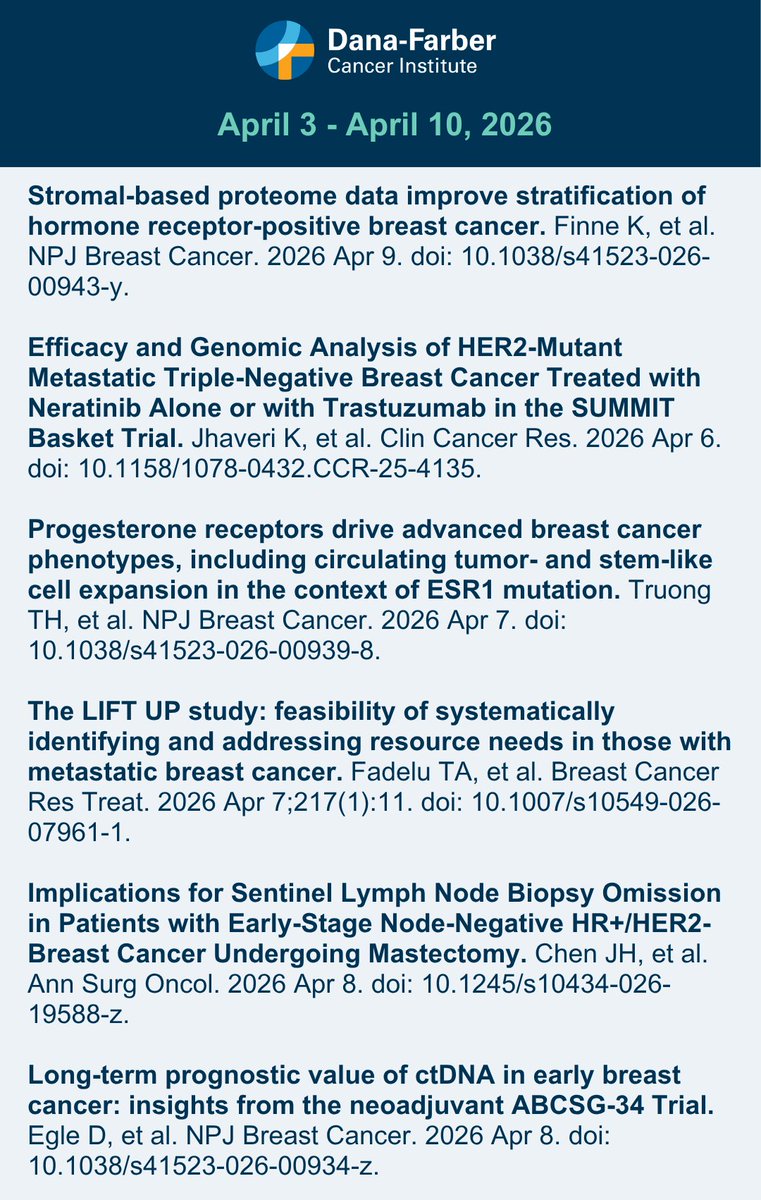 DFCI_BreastOnc's tweet image. Check out our most recent #BreastCancer Research Digest-a summary of last week’s publications from select high-impact journals (April 3th - April 10th, 2026). #ClinicalResearch #CancerTreatment #BCSM #BreastCancerResearch