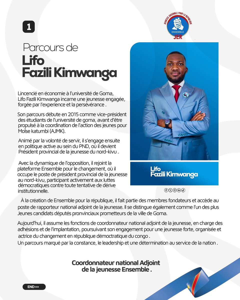 #RDC: « Un parcours, un engagement, une nation»
De l’UNIGOM à la Coordination nationale de la JER, Découvrez l'infographie pr mon parcours !

Ma mission :
✅Une jeunesse organisée
✅Des adhésions massives pour un changement réel
✅ENSEMBLE est là, ici et là; une RDC forte et unie