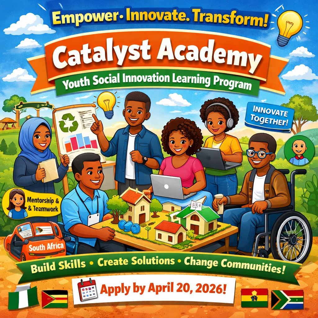 OlumideIDOWU's tweet photo. The Catalyst Academy – Youth Social Innovation Learning Program is a regional initiative across Nigeria🇳🇬, Kenya🇰🇪, Ghana🇬🇭, Cameroon🇨🇲, and South Africa🇿🇦 that equips young people (18–35), especially aspiring entrepreneurs and underserved groups, with skills, mentorship, and collaborative learning opportunities to co-create and pilot real solutions to community challenges, with applications closing on April 20, 2026. Apply via https://t.co/A2PAOIkpMv