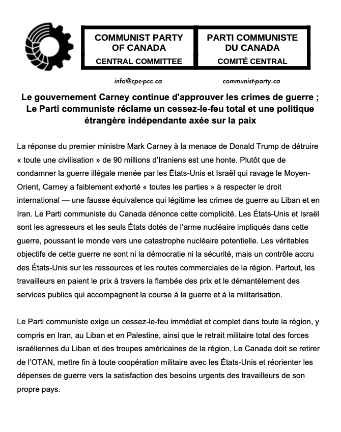 compartycanada's tweet photo. Cette guerre vise le contrôle des ressources et des routes commerciales de l'Asie occidentale par les États-Unis, et Carney en est complice.

Nous exigeons un cessez-le-feu complet, incluant le Liban et la Palestine, et la fin de l'asservissement du Canada envers l'OTAN. https://t.co/sm2yidfz0J