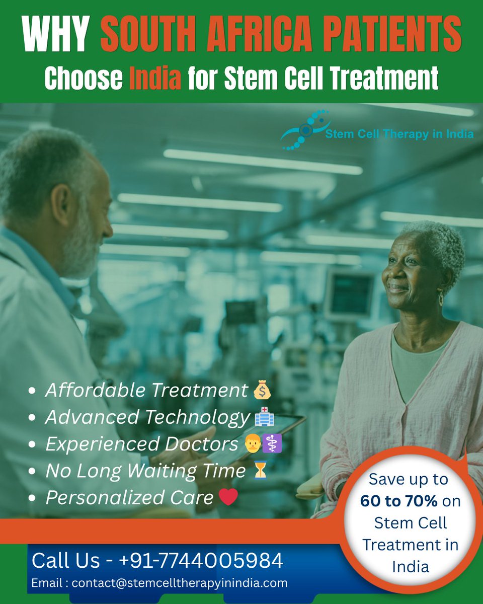 stemcellcentre's tweet photo. Why are more South African Patients Choosing India for Stem Cell Treatment? 🇿🇦✈️🇮🇳

If you’re exploring stem cell therapy options, India could be the right choice for safe, effective, and affordable treatment

Read on : https://t.co/irgwux1Wf6

#MedicalTourism #SouthAfricaToIndia https://t.co/0H1NmlVRsf