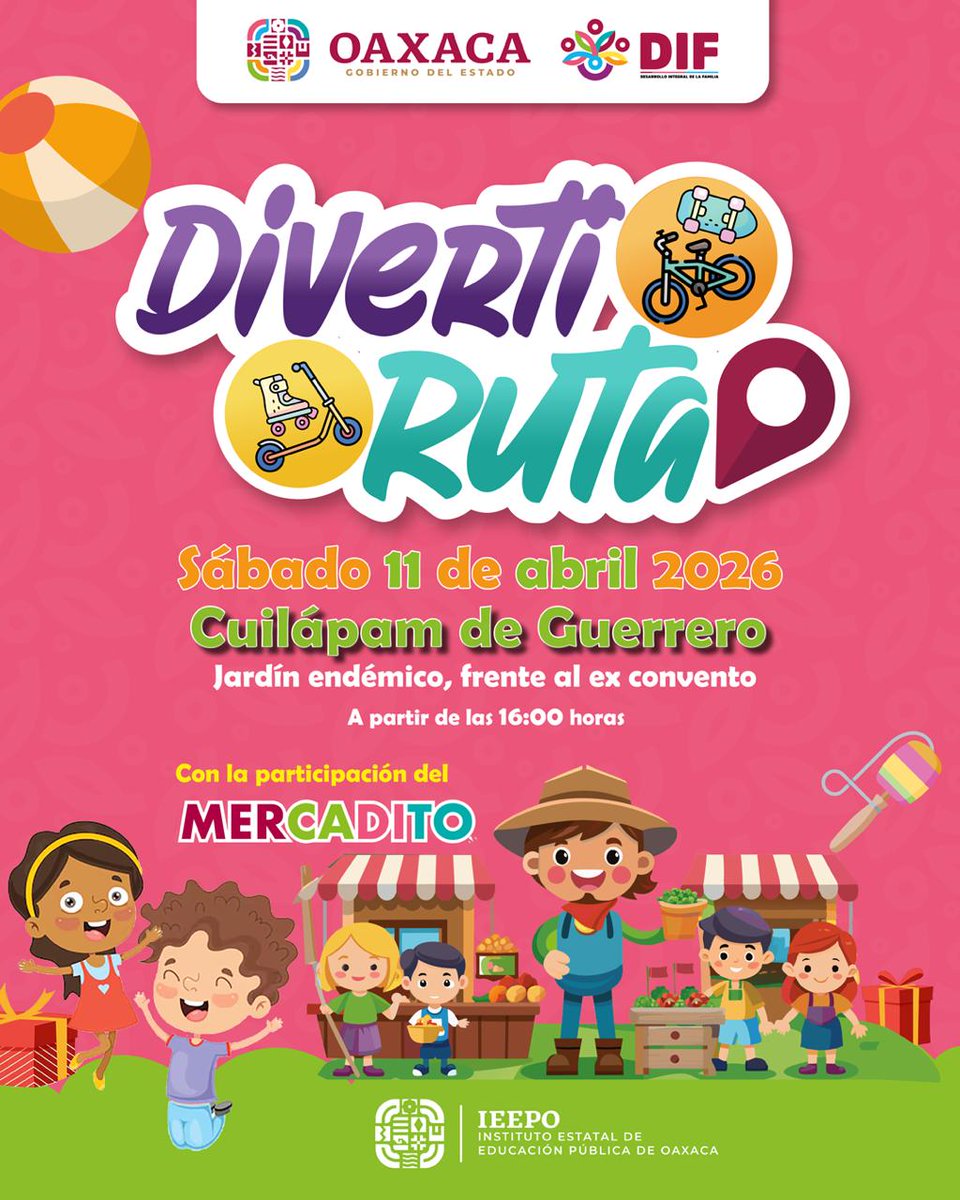 IEEPOGobOax's tweet photo. Vamos a Cuilapam! 
Está sábado 11 de abril disfruta la #DivertiRuta donde encontrarás El Mercadito, del IEEPO, con actividades sobre buenos hábitos alimenticios, financieros y mucha diversión.
🚴‍♀️ 16:00 horas | ¡No faltes! https://t.co/koC62m6C9J