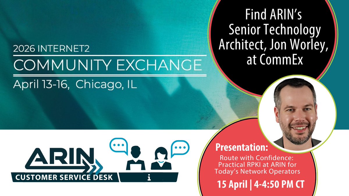 TeamARIN's tweet photo. Next week: ARIN is at @Internet2 #CommEx26 in #Chicago Monday through Wednesday. Catch Jon Worley's #RPKI session Wednesday at 4 PM CT — and stop by the ARIN Customer Service Desk for one-on-one support! 

https://t.co/ezWGtwJ9de 

#Internet2 #NetworkOperations #RoutingSecurity https://t.co/uHk4c3seIi