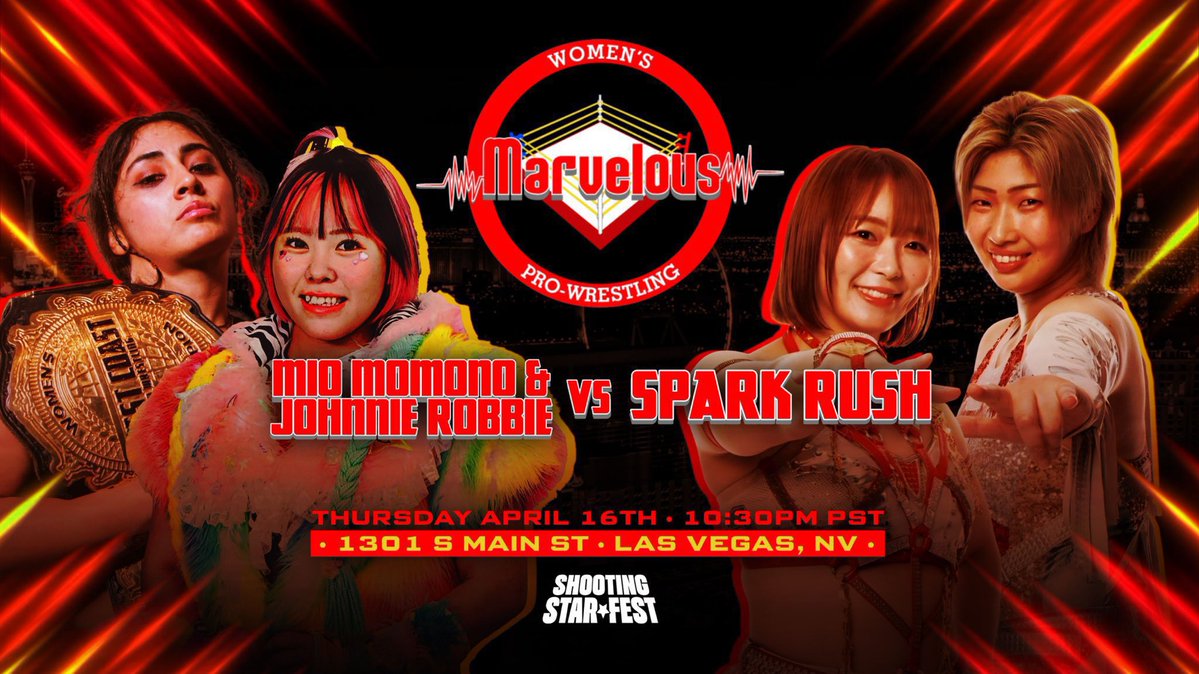 WOJwrestling's tweet image. MARVELOUS NEWS: SPARK RUSH (Takumi Iroha and Sareee) will face Johnnie Robbie and Mio Momono at Marvelous’s Las Vegas show on April 16th! 

#MarvelousPro | #マーベラスプロレス | #joshi | @MarvelousInter | #WestCoastPro
