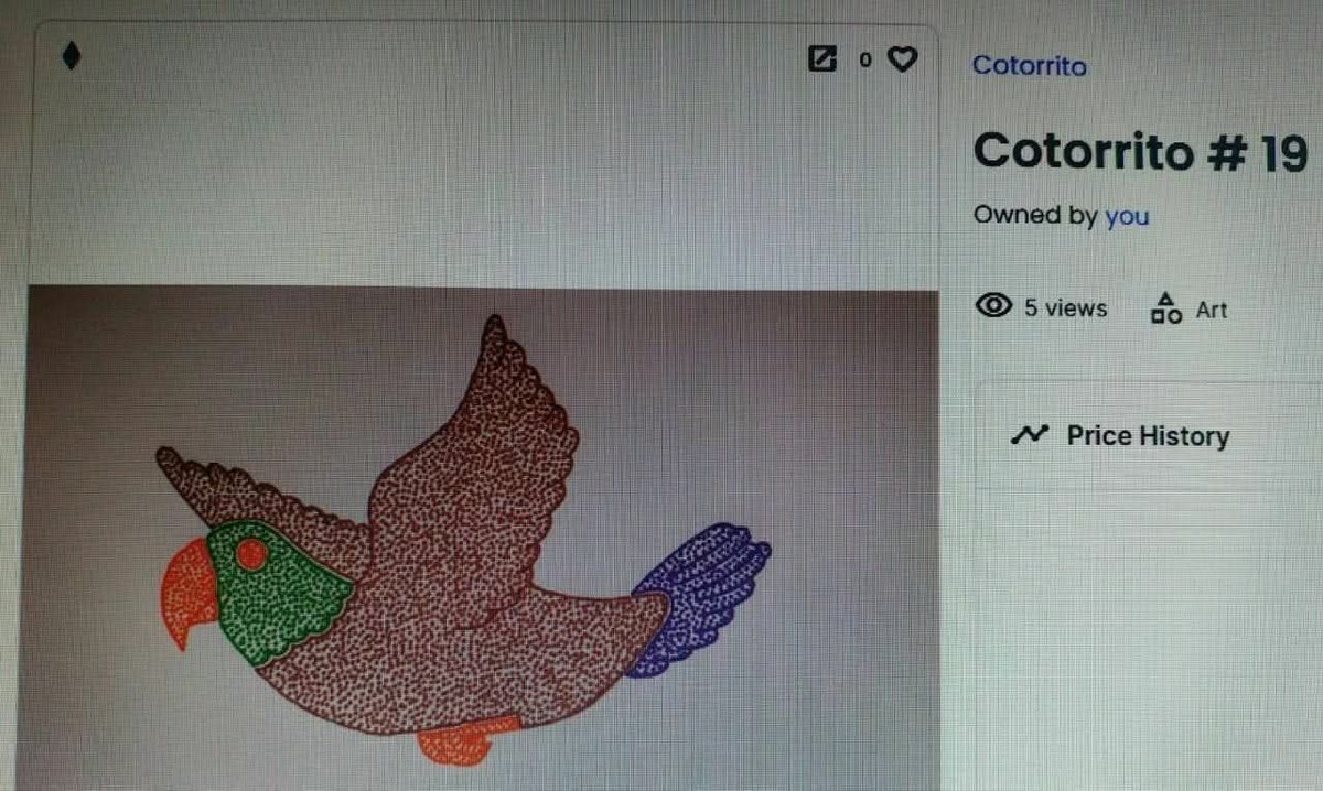 🔥🔥🔥🔥 Collection "Cotorrito". Cotorrito # 19
Design: Handmade drawing
Blockchain: Ethereum
Colors: Orange, light green, dark brown, purple.

opensea.io/collection/cot…

#opensea
#NFT