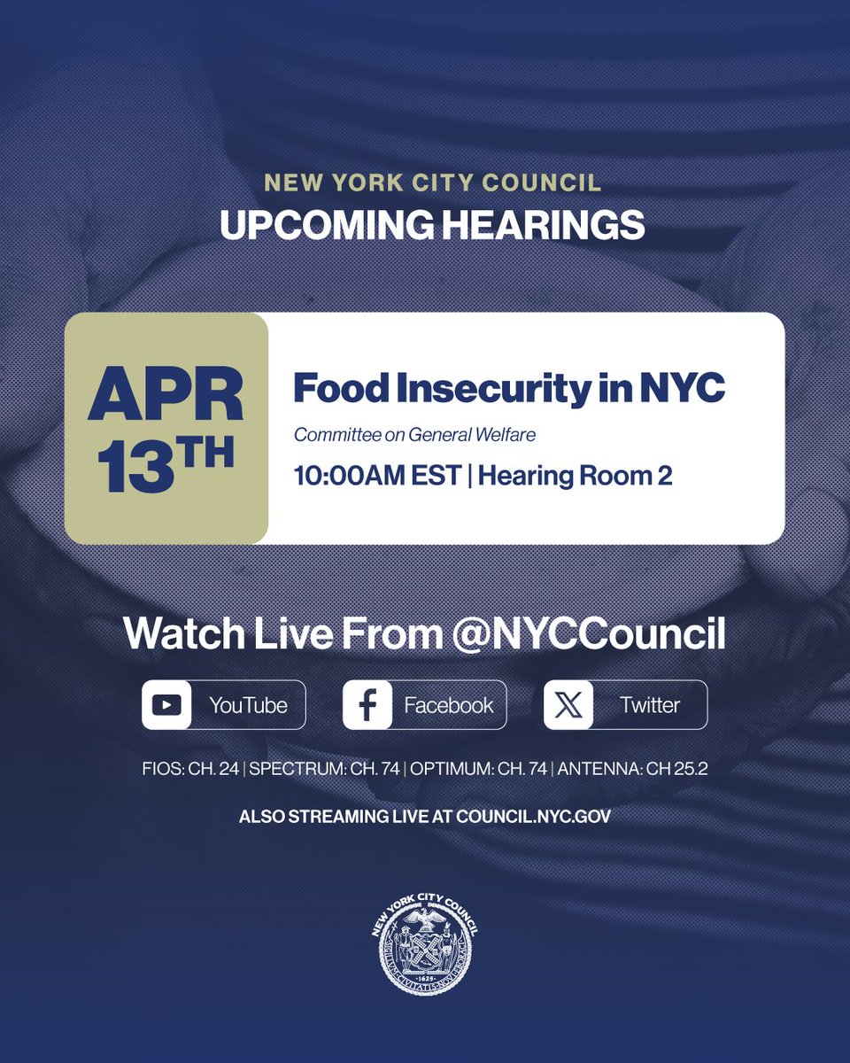 Monday at 10AM:

The Committee on General Welfare will hold an oversight hearing on Food Insecurity in New York City.

📺 Watch live: council.nyc.gov/livestream