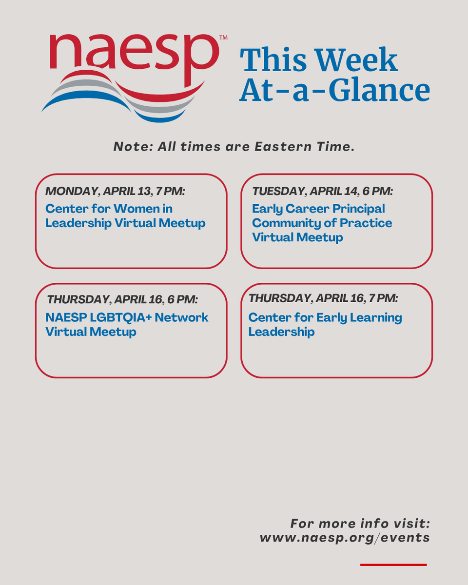 NAESP's tweet image. Big week ahead in the @NAESP Communities of Practice! Don’t miss out on these amazing opportunities to connect with fellow #edleaders.

Explore &amp;amp; register for all upcoming events: naesp.org/events/