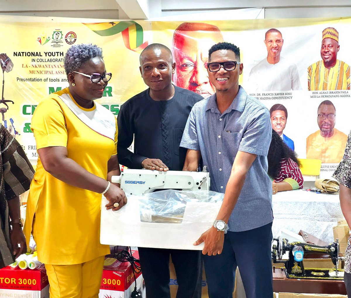 fx_sosu's tweet photo. I am proud to partner with the National Youth Authority to empower our young people in Madina through skills development.
Together, we distributed essential equipment to 11 mastercraft trainers and apprentices to enhance vocational training and create opportunities for employment and entrepreneurship.
I am very grateful to H.E. John Dramani Mahama for this impactful initiative, and to our dedicated trainers for their continued support through the Madina Job Center, which has benefited over 10,000 people since 2019.
Join us on 30th April 2026 at the Queen of Peace Conference Hall, Madina, for the graduation of our Catering Cohorts 1 & 2.
#SosuCares #SosuServes
#MadinaRising #NYA