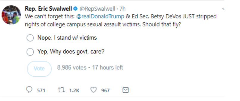kcjohnson9's tweet photo. CA congressman Eric Swalwell has claimed that he's a victim of a false sexual assault allegation. When the acc'd were random college students, he took a much different attitude toward the presumption of innocence. https://t.co/ukmieqGMpO
