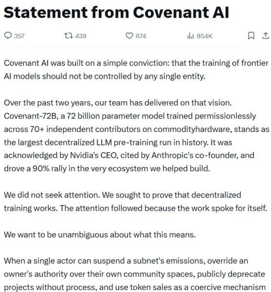 beincrypto's tweet photo. Bittensor subnet developer Covenant AI has officially exited the network, citing concerns over centralized governance and decentralization theater.

The move triggered a 25% crash in TAO price and the sale of 37,000 coins worth $10 million as liquidations continue. https://t.co/6XlfXqa1Bq
