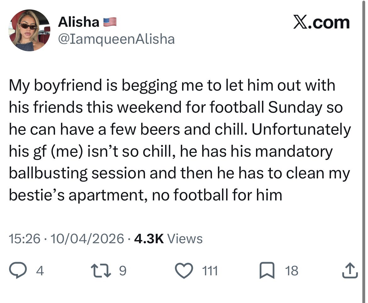 BbustingPolice's tweet photo. Arrested: @IamqueenAlisha 

Claims to give mandatory ballbusting’s to her boyfriend yet no proof

Also it’s the off season for the NFL so he wouldn’t be going out to watch football

There is also an American flag next to her name, although it says account based in Europe https://t.co/OCF7GV9eHw