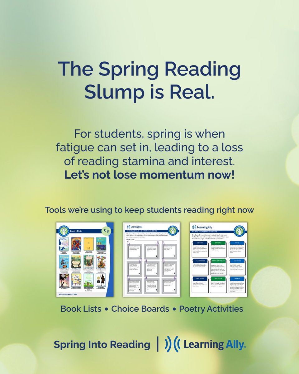 Learning_Ally's tweet image. Spring can be a challenging time for maintaining reading momentum in school and at home. 🌷📚

We created free resources for educators and families to help keep students engaged and reading:
bit.ly/3OYRIL5

#LearningAlly #SpringIntoReading #Dyslexia