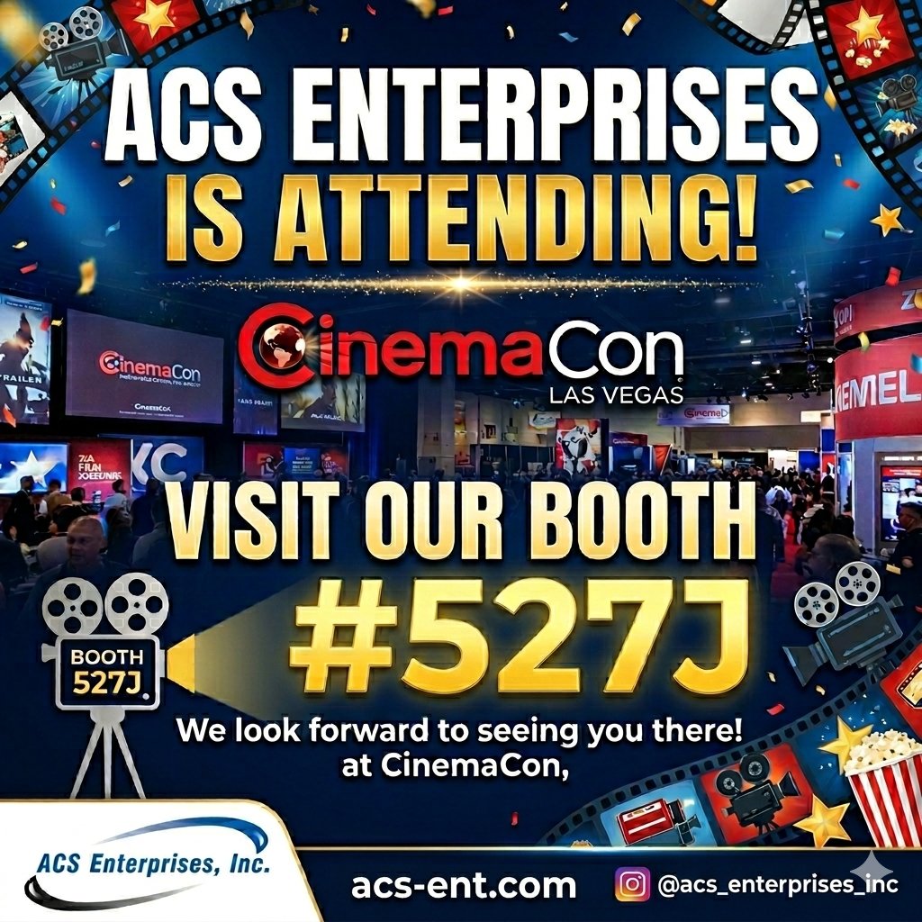 ACS_Enterprises's tweet photo. 🎬 CinemaCon 2026 is ALMOST HERE! 🎬

Get ready for the EXCITEMENT—ACS Enterprises is heading to Las Vegas and we can’t wait to see you there! 🌟

📍 Visit us at Booth #527J🗓️ April 14 & 15 🏨 Julius Ballroom, Caesars Palace
See you in Vegas! 🍿✨
#CinemaCon2026 #ACSEnterprises #LasVegas #CinemaUnited