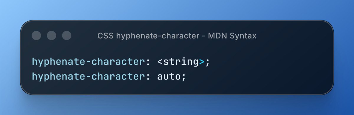 MozDevNet's tweet image. hyphenate-character is Widely Available since 2023 🎨

Control the character shown at the end of a line when a word is hyphenated. Default is auto (‐), but you can customize it.

Useful for creative typography and multi-language sites.

Learn more 👇
developer.mozilla.org/en-US/docs/Web…
