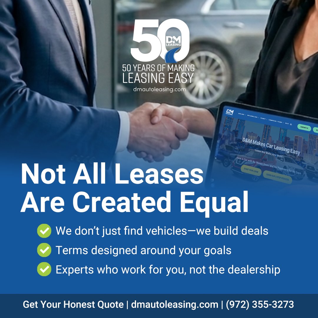 dmleasing's tweet photo. What makes D&amp;M different? Our leasing experts work with you to find any make and any model, with terms that fit your needs. Contact us today to get started!
Start your lease ➡️ https://t.co/YxotXjpJiX
Give us a call 📞 972-355-3273
#DMLeasing #DFW #CarLeasing https://t.co/buddTEae2b