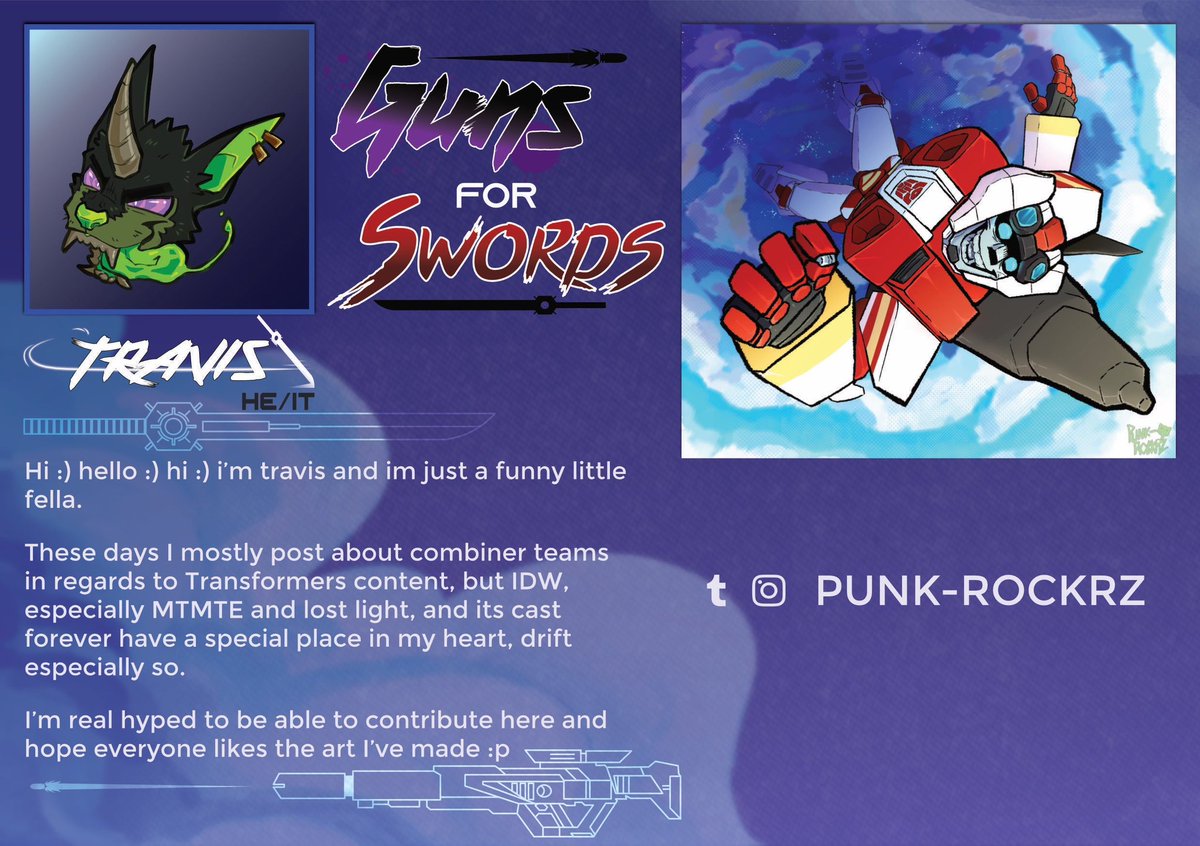 InaliasFanZines's tweet photo. 💥🔫 Contrbutor Spotlight ⚔️✨

punk-rockrz is just a funny little fella. These days he mostly posts combiner teams in regards to Transformers content, but IDW especially Mtmte and Lost Light, and its cast forever have a special place in his heart, Drift especially so. #mtmte https://t.co/ame45d56ZS