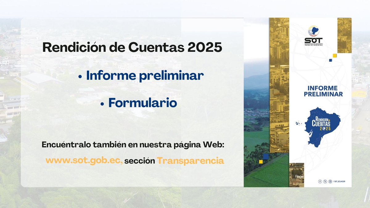#RendiciónDeCuentas2025 | La ciudadanía es un actor protagónico en el proceso de rendición de cuentas. 

Ponemos a disposición los documentos preliminares y el canal de participación:
•Informe preliminar: sot.gob.ec/wp-content/upl…

•Formulario: sot.gob.ec/wp-content/upl…

•Envía