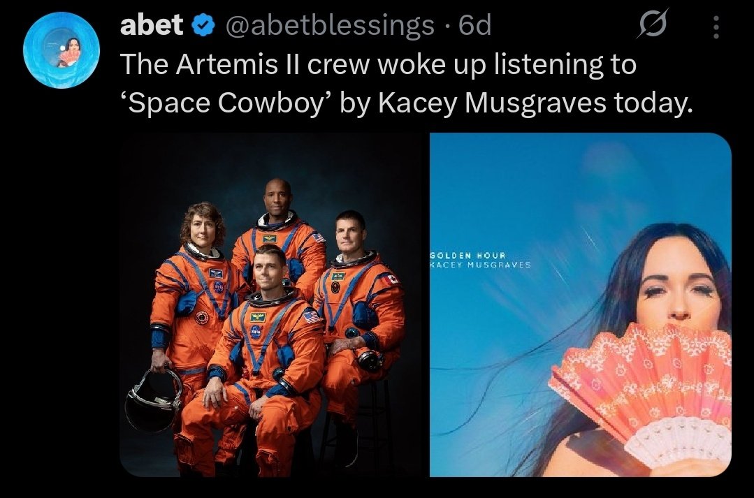 abetblessings's tweet photo. they heard space cowboy playing on the artemis ii crew and then started finding out who made that beautiful sound https://t.co/SgBKHSFjmD