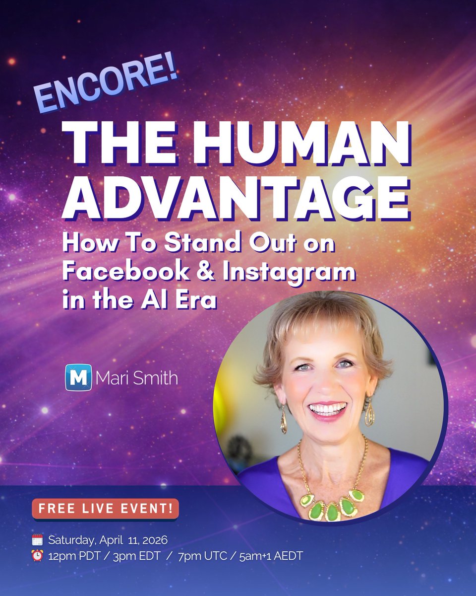 MariSmith's tweet photo. Want to come hang out with me on Saturday?! I'm leading an *encore* of this Free Live Online Training: 🤩 THE HUMAN ADVANTAGE
We had over 800 participants last week. Here's another chance to connect live in a smaller group! All are welcome! Want to join us?
🗓️ April 11th @ 12pm PT / 3pm ET