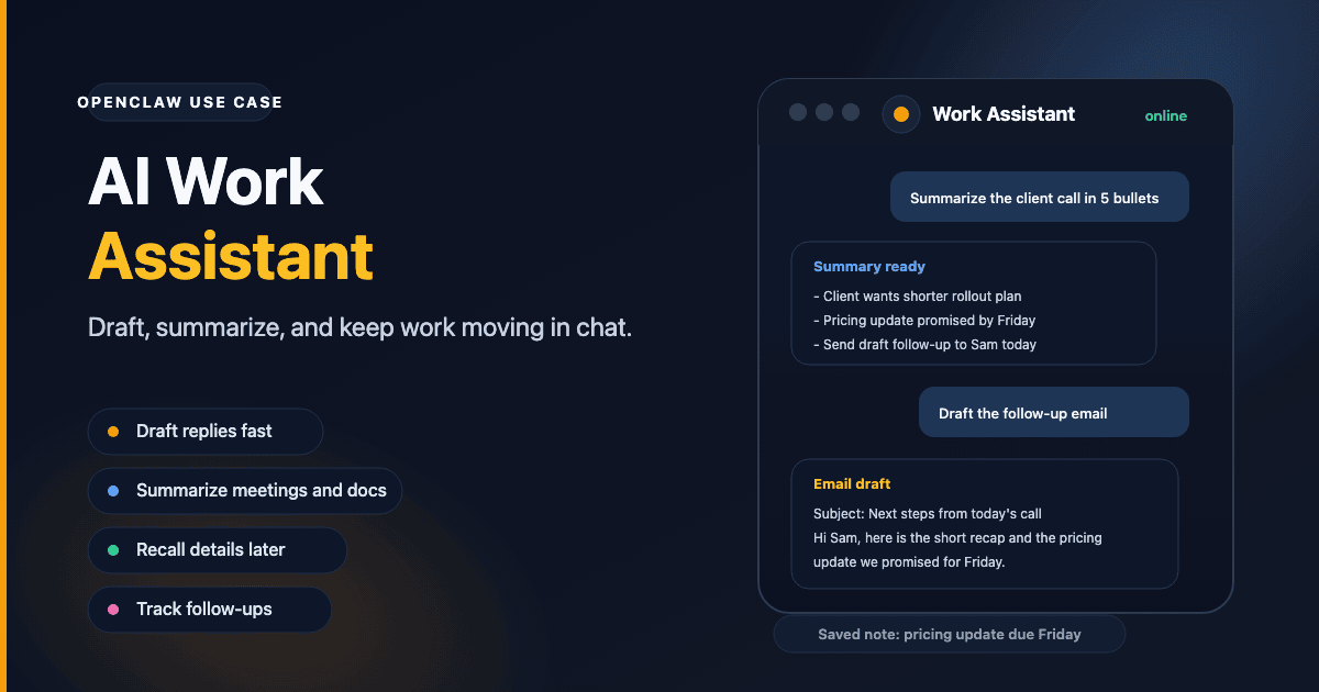 CoderVlogger's tweet photo. What makes the best AI writing assistant for daily work?

I do not think it is just model quality. It is whether the assistant sits in the same place you already talked, keeps context, and can surface the follow-up you forgot two days later.

That is the interesting part of OpenClaw in Telegram or Discord. It feels less like visiting a tool and more like keeping help inside the thread where the work showed up.