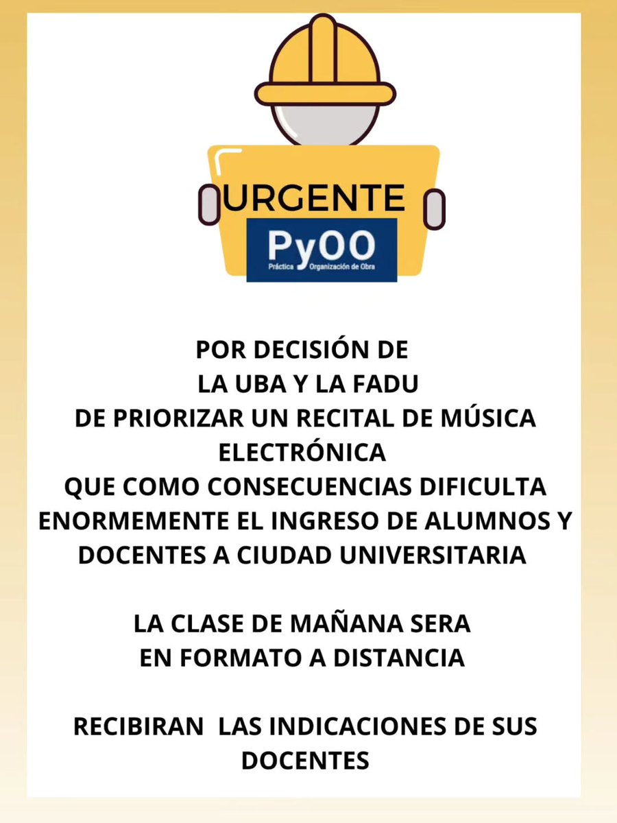 La cátedra Práctica y Organización de Obra de la facultad de arquitectura de la UBA comunicó que una clase será online porque la institución decidió "priorizar el recital de música electrónica" de Hernán Cattaneo, Sunsetstrip.

corta.com