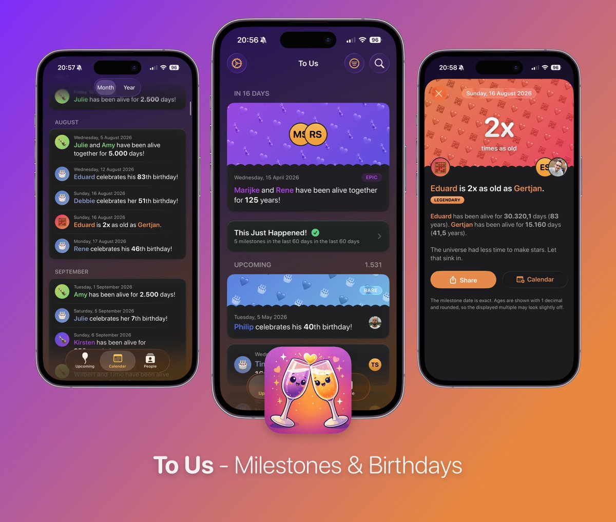 gertjancom's tweet photo. I built a small app again: To Us

It finds hidden milestones between you and your loved ones, like your 10,000th day alive, or the day you've been with your partner longer than you lived without them.

No subscription, no ads. Just more reasons to celebrate together. https://t.co/ABl1kuWwpt