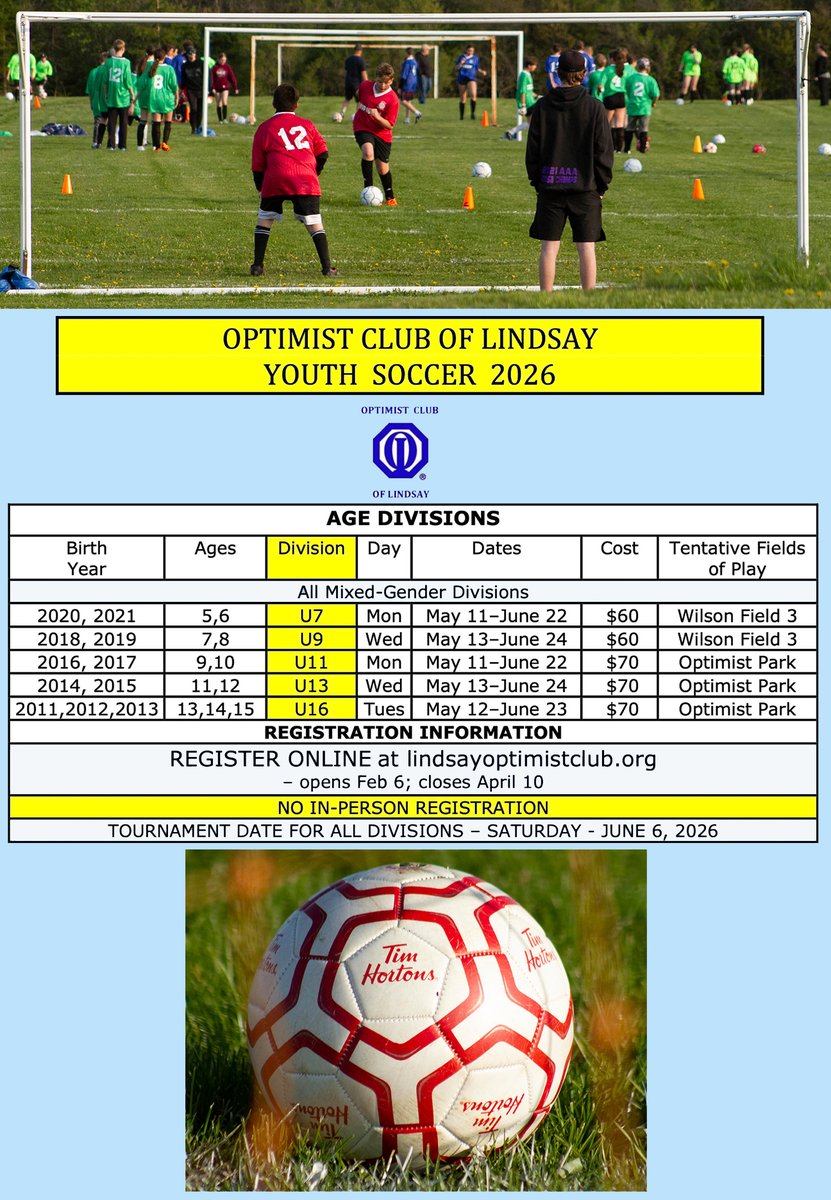 OptimistLindsay's tweet photo. Registration for our annual youth soccer program has been extended through Sunday, April 12. Visit https://t.co/KsMhhHprUO for more info.
#optimistclub #lindsayoptimistclub #soccerregistration #youthsoccer #lindsay https://t.co/iqXTuMnn9j