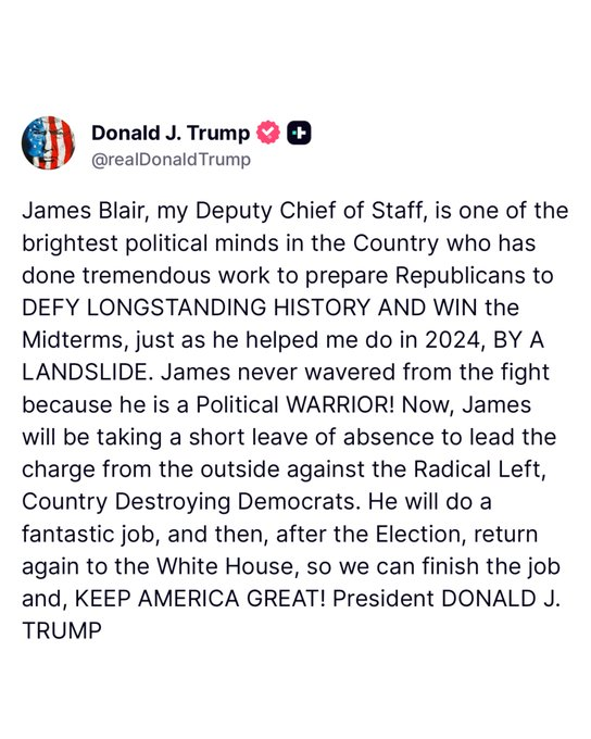 Underboss111's tweet image. 🚨 TRUMP DEPLOYS THE BEST! 🇺🇸 WH Deputy COS James Blair is heading to the front lines for the 2026 midterms. He crushed it in 2024—now he's back to finish the job! LFG! 🔥

#MAGA #Trump2026 #KAG #AmericaFirst