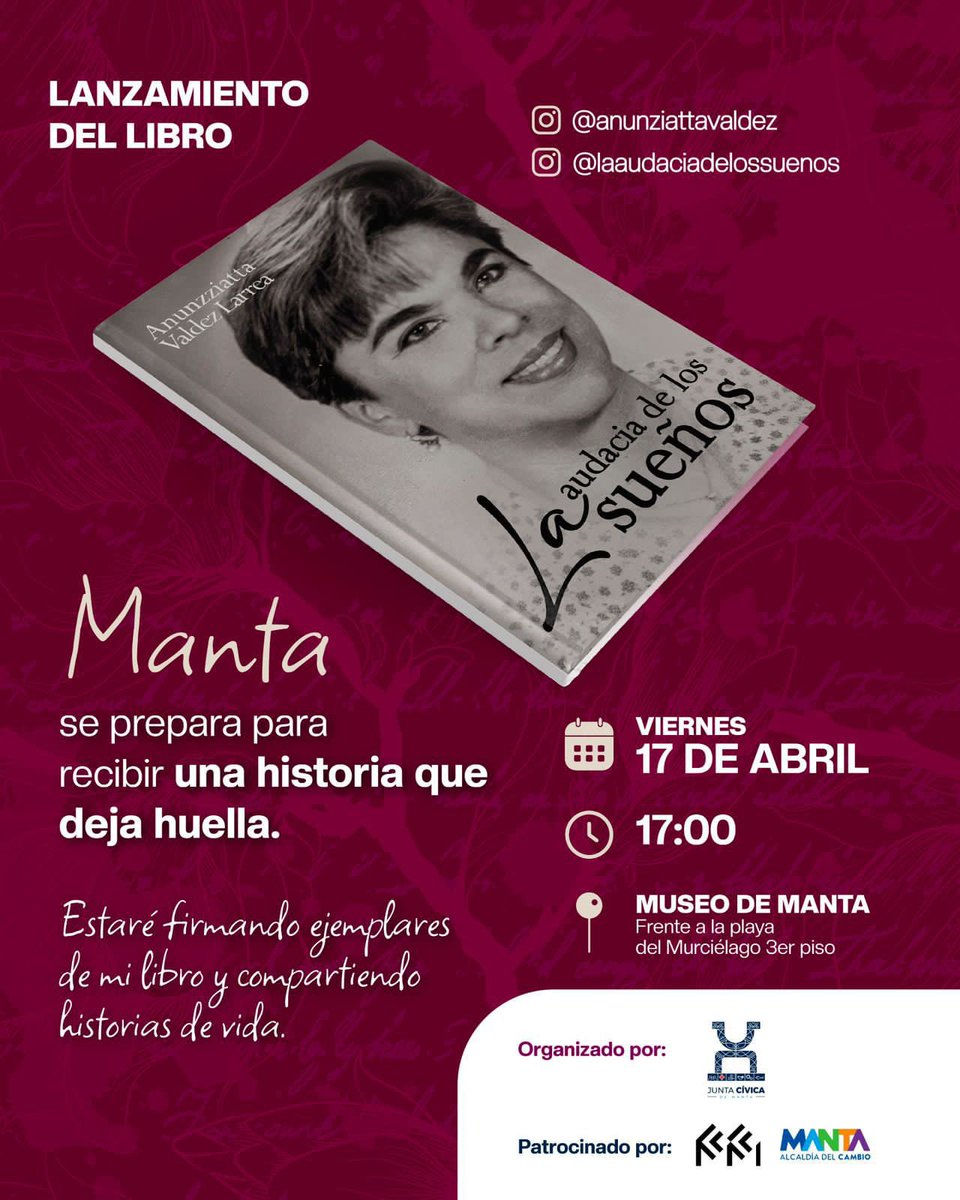 🔴| MANTA: La brillante Anunzziatta Valdez Larrea lanzará: La audacia de los sueños, una obra que dejará huella en la comunidad manabita. 

Nota completa ➡️ facebook.com/share/p/1J6Ln2…