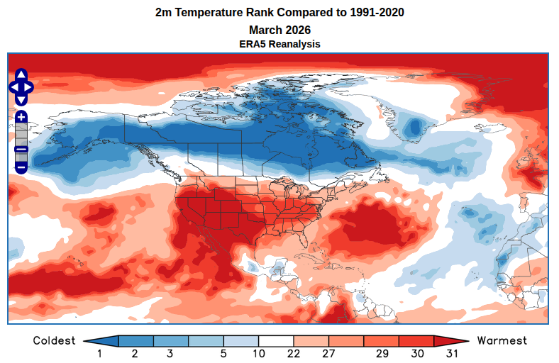 WorldClimateSvc's tweet image. The contiguous U.S. states were more than 50°F warmer than Alaska on a monthly basis in March - a first in @NOAANCEI data (1925-present).

The most similar past years (extreme March temperature difference) were 2007 and 2012, notable years for extreme summer Arctic sea ice loss.