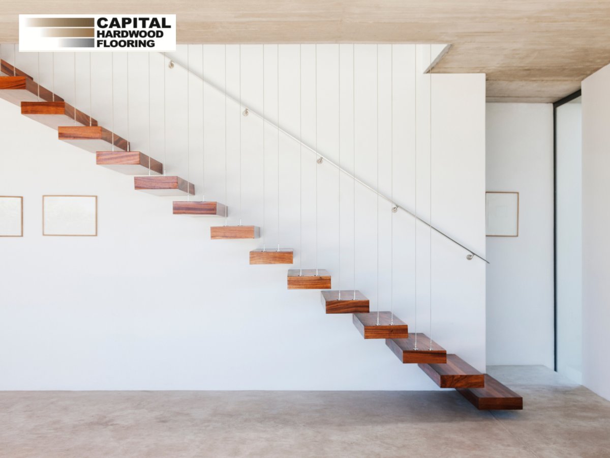Floating stairs blend strength with sleek design, creating a bold focal point while maximizing space 🪵 Capital Hardwood Flooring brings custom staircase ideas to life for homes and commercial spaces. Transform your space today. Learn more: capitalfloor.com/services/moder…