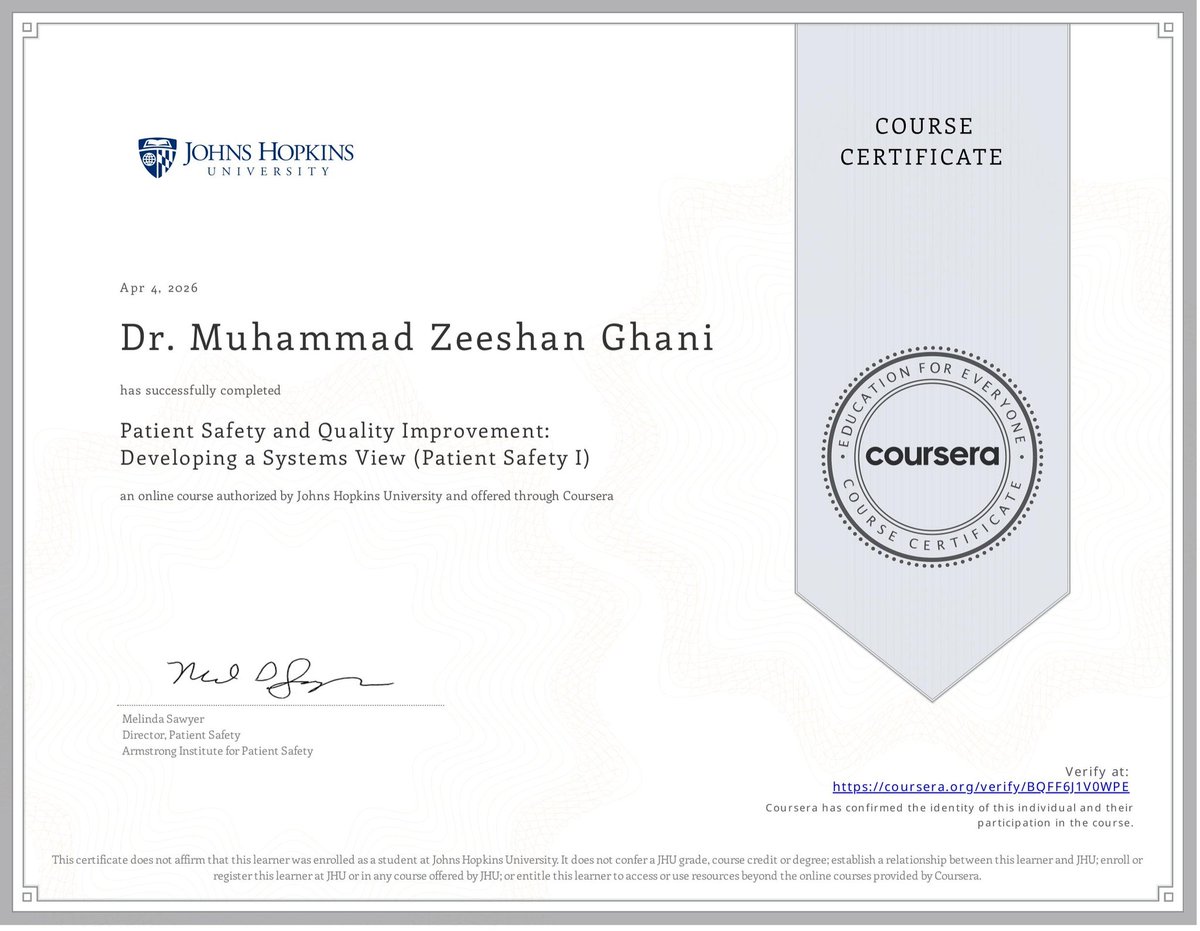 Zeeshan_Ghani24's tweet image. Excited to share that I’ve completed two @HopkinsMedicine courses via @coursera
1)Patient Safety I: Developing a Systems View
2) Patient Safety II: Safety Culture &amp;amp; Teamwork
​Enhancing systems thinking to deliver safer care. Onward to #Match2027
​#PatientSafety  #IMG #USMLE #IM
