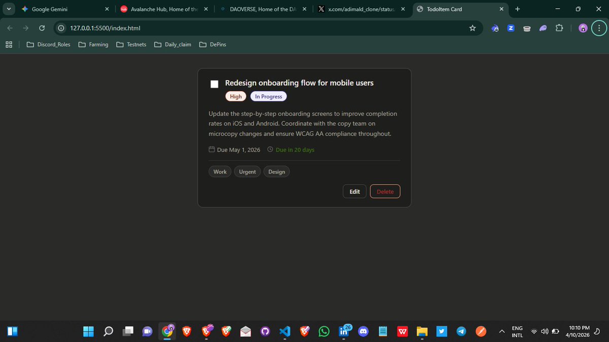 ADIMALD's tweet photo. Just shipped my first task at the HNG Internship a fully testable, accessible Todo Card component with semantic HTML, WCAG AA compliance, and automated test hooks. Professional-grade thinking from day one. 🚀
https://t.co/J0VlW0f96X

#HNG #HNGInternship #Frontend #WebDevelopment https://t.co/hLhKx742MQ