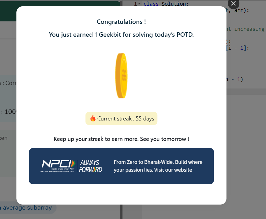 NareshPraj97599's tweet photo. 55POTD Challenge Completed on GeeksforGeeks! Current Streak: 55Day Earned: 1 Geekbit  #NPCI #geekstreak60 #geeksforgeeks #POTD https://t.co/NaK2DdoKr0