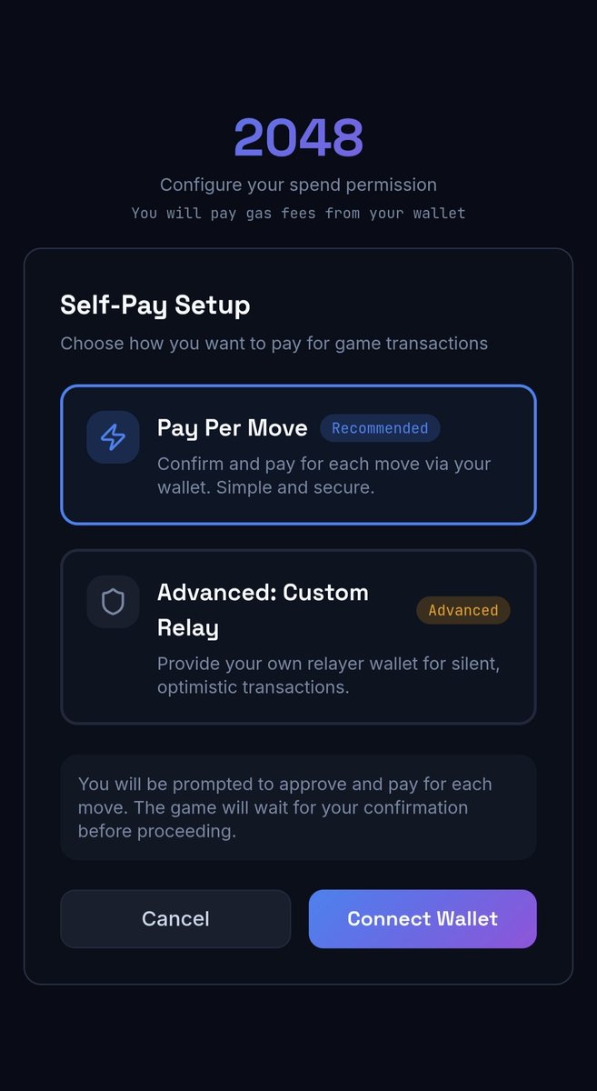 onchain2048's tweet photo. 2048 now introduces a 3rd login option split into two modes:

Pay-per-Move (classic tx popup + user signing each move) and Advanced Custom Relay (use your own external wallet to handle fees, for advanced users only). You can still log in via Privy or let the game cover your fees. https://t.co/dFP8Y2vdqJ