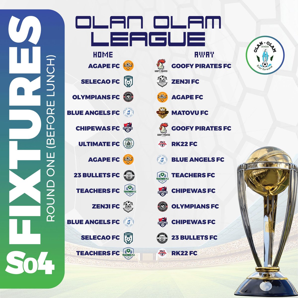OlanOlam_League's tweet photo. Matchday 6 fixtures officially locked in 📊⚽

@AgapeFcolam take on @goofyp123 as defending champions @selecaofc12 face Zenji FC in a must-win showdown 

All eyes on this one for the hate watchers  as table leaders @FcBlueAngels clash with Matovu FC 

#OlanOlamLeagueS4 https://t.co/sa30zDHM7O