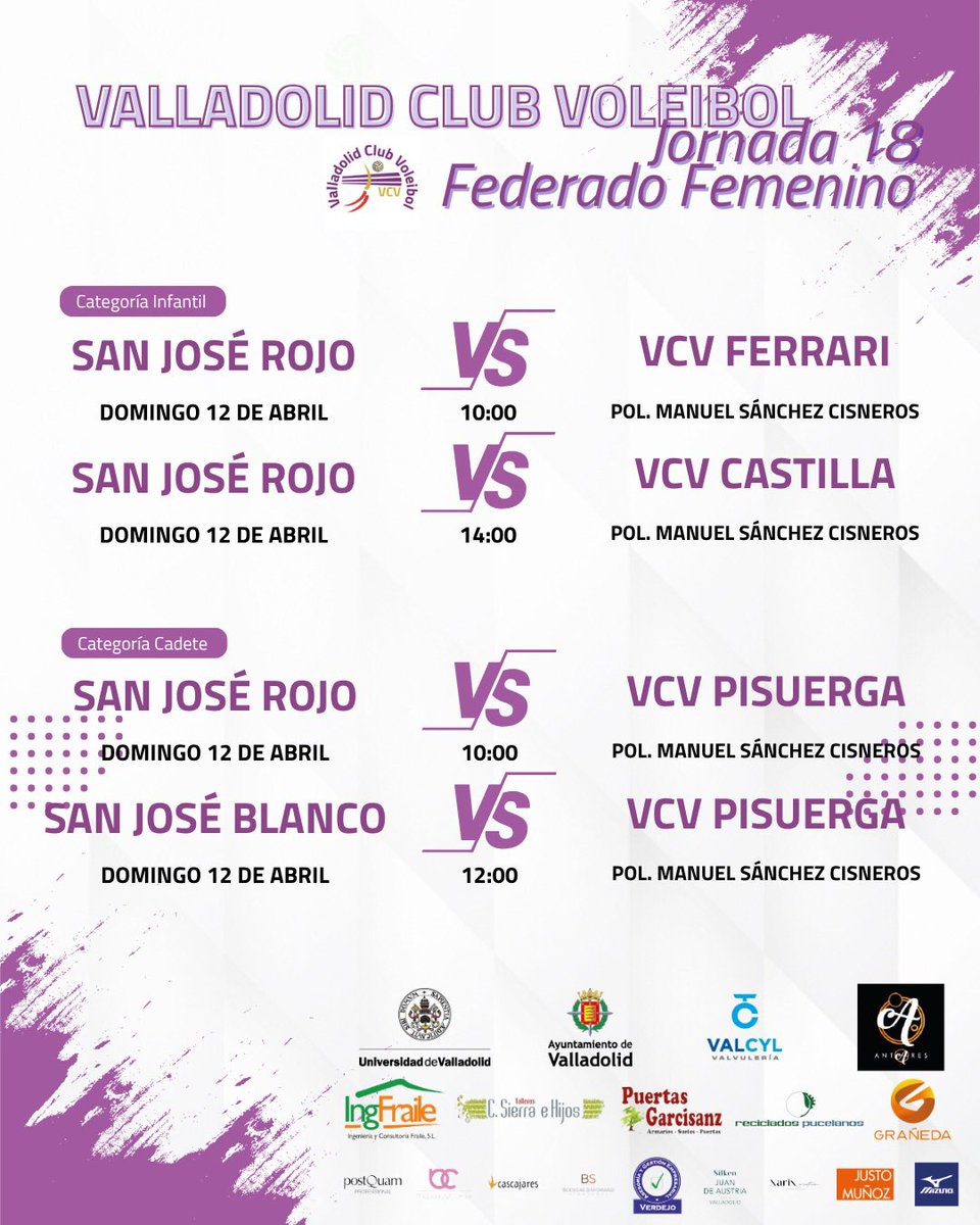 VCVoleibol's tweet photo. 🏐 Nueva jornada para la familia VCV.
Además de los partidos de liga, este fin de semana nuestro equipo junior disputará el Campeonato en Burgos,
💜 Mucho voleibol por delante y una gran oportunidad para seguir creciendo.

#OrgulloVCV #VoleibolConValores #ValladolidVoleibol

🧵~ https://t.co/mBwwSpwiRa
