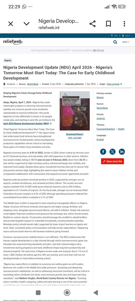 <a href="/thecableng/">TheCable</a> <a href="/realkelvin07/">Kelvin.</a> <a href="/WorldBankAfrica/">World Bank Africa</a> <a href="/WorldBankGroup/">World Bank Group</a> You can find it here boys and girls 

Nigeria Development Update (NDU) April 2026 - Nigeria’s Tomorrow Must Start Today: The Case for Early Childhood Development - Nigeria | ReliefWeb 
reliefweb.int/node/4206343