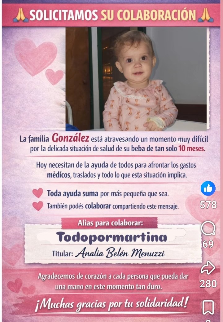 Martina tiene un tumor en la cabeza hoy nos necesita ,un granito de arena siempre suma 👇🏻