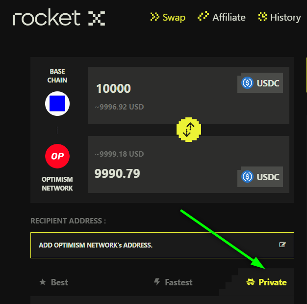 MikeNoirX's tweet photo. Transaction limit on Houdini = $100,000 while RocketX = $500,000

For rates on a 10,000 USDC Base → Optimism swap:

Houdini returns: 9,869.37 USDC while RocketX returns: 9,990.79 USDC

That's $121.42 difference on ONE swap. Scale to $100K and that's $1,214 left on the table. Per transaction.