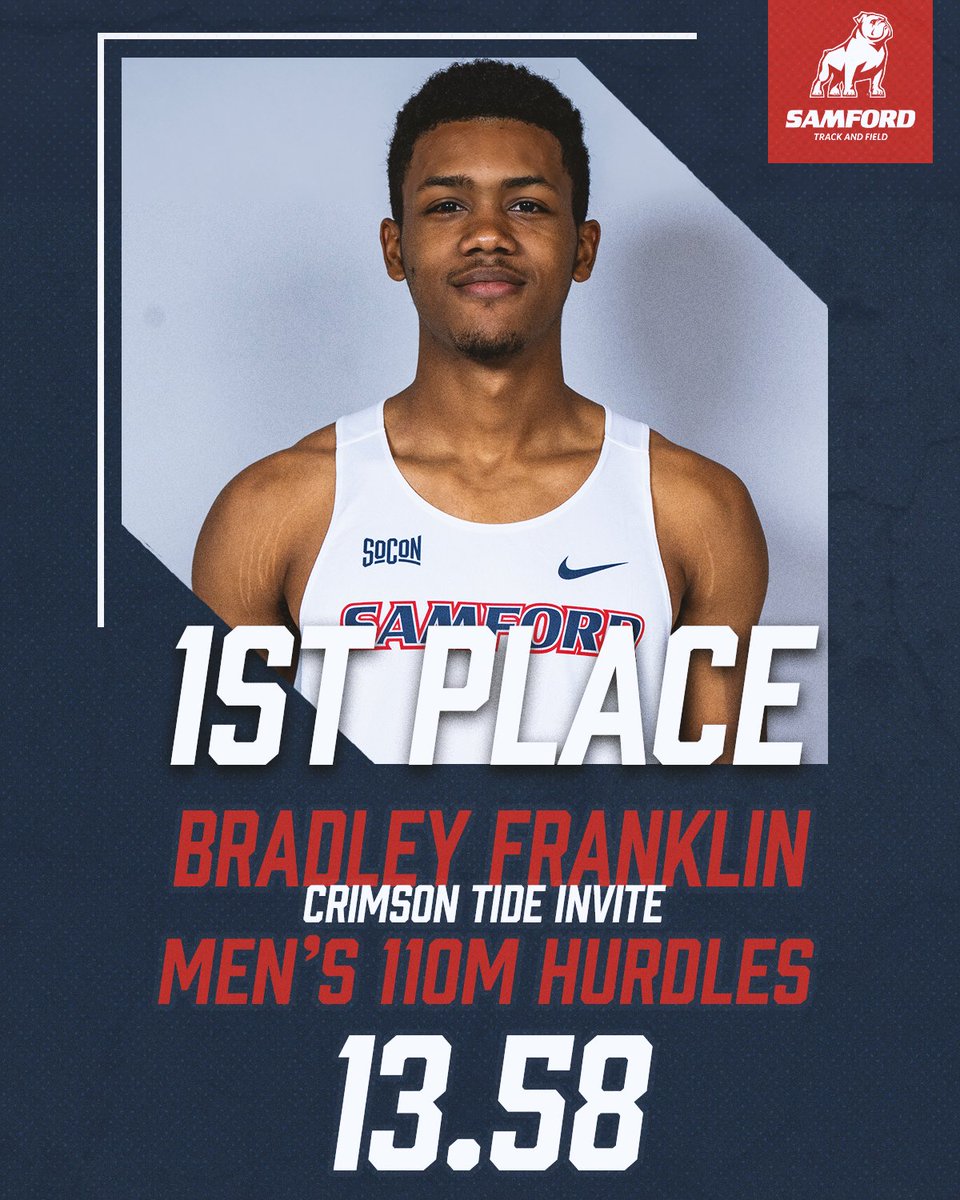 SamfordXC_TF's tweet photo. 🥇Bradley Franklin took first place in the men's 110-meter hurdles at the Crimson Tide Invite!!!

#AllForSAMford https://t.co/puzzlSTJtK