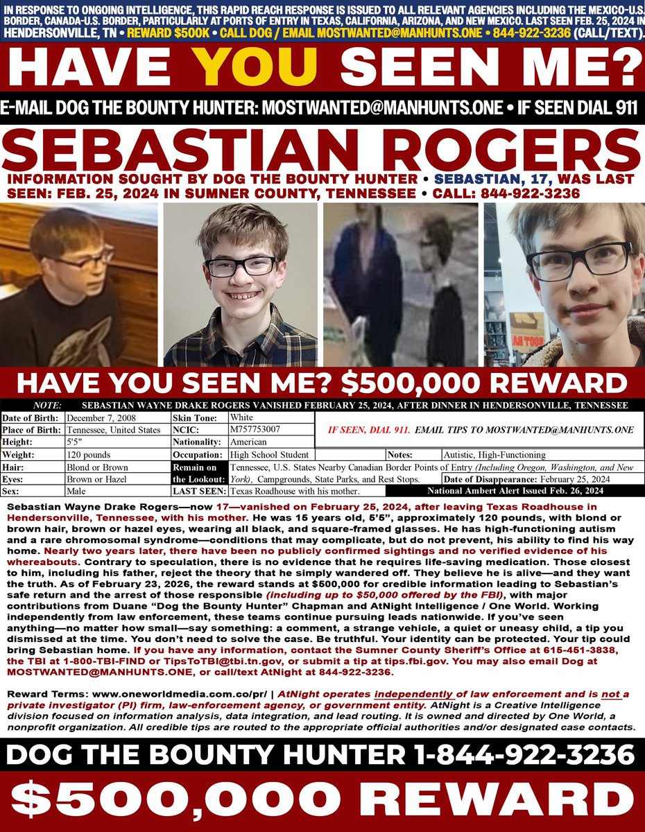 💢 URGENT—MISSING TEENAGER SEBASTIAN WAYNE DRAKE ROGERS—PUBLIC ASSISTANCE SOUGHT 💢

𝐀𝐓𝐍𝐈𝐆𝐇𝐓 𝐂𝐑𝐄𝐀𝐓𝐈𝐕𝐄 𝐈𝐍𝐓𝐄𝐋𝐋𝐈𝐆𝐄𝐍𝐂𝐄
𝑃𝑈𝐵𝐿𝐼𝐶 𝑆𝐸𝑅𝑉𝐼𝐶𝐸 𝐴𝑁𝑁𝑂𝑈𝑁𝐶𝐸𝑀𝐸𝑁𝑇

Though more than two years have passed since Sebastian Wayne Drake Rogers went