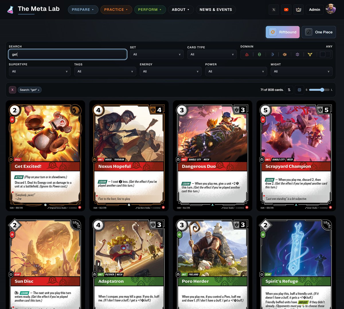 madcap_ginger's tweet photo. Get Excited! because I just launched the card gallery for Riftbound AND One Piece on https://t.co/kJxXBguZo4!

This means we're over halfway to the deck builder experience being live-- look forward to pretty deck list output and tie ins to the performance tracker eventually. https://t.co/UR6s5tZEDh