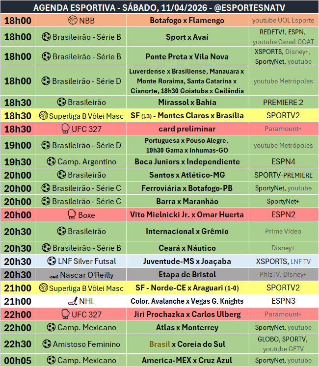 A agenda esportiva deste SÁBADO (11/04/2026)