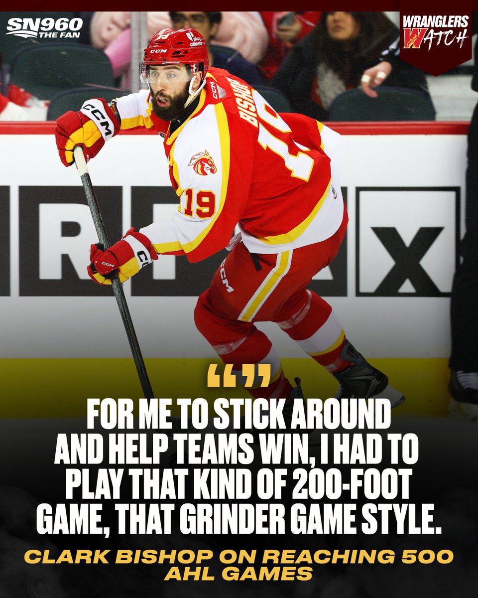 Sportsnet960's tweet photo. 👏 Ahead of his 500th game in the AHL, Calgary Wranglers Captain Clark Bishop sat down with @SPrusina to chat about his path through the hockey world.

Catch the full interview on this week's edition of @AHLWranglers Watch!

LISTEN: https://t.co/sDofiVTOqt https://t.co/4l2NzmFFTs