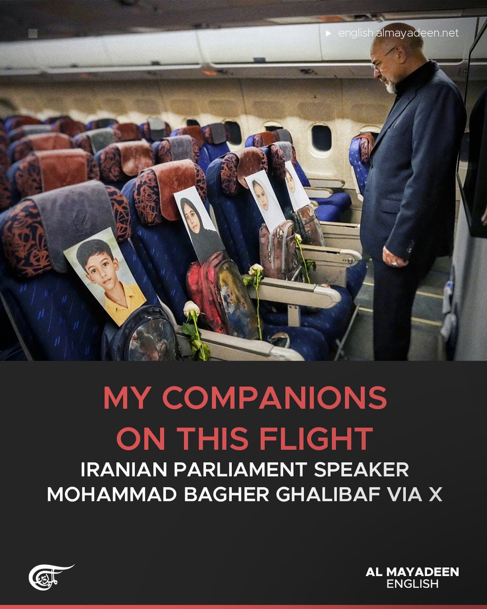 MayadeenEnglish's tweet image. In a post on X, Iranian Parliament Speaker Mohammad Bagher Ghalibaf shared a photo of himself aboard a plane en route to #Islamabad for ceasefire talks, alongside images of children killed in the #US-Israeli attack on a school in #Iran that claimed the lives of hundreds.

He