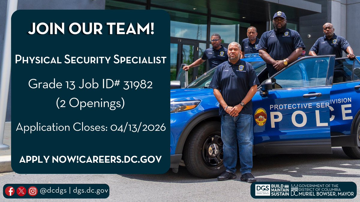 DCDGS's tweet image. 📢 DGS is still hiring! Apply for our Physical Security Specialists in the Protective Services Division (PSD) if you are passionate about security and have an interest in public service! 

🔗Apply now before the deadline at careers.dc.gov!      

#DCJobs #NowHiring #Job