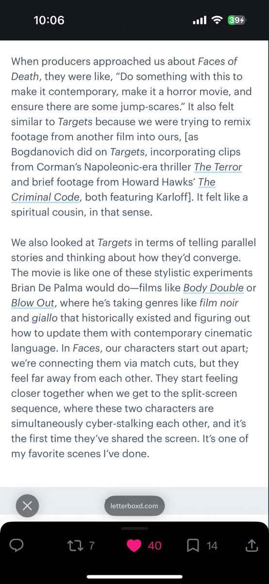 isaacfeldberg's tweet photo. Really love that FACES OF DEATH director/co-writer Daniel Goldhaber thought so much about Bogdanovich’s TARGETS while making it https://t.co/vQjr2cdqTZ